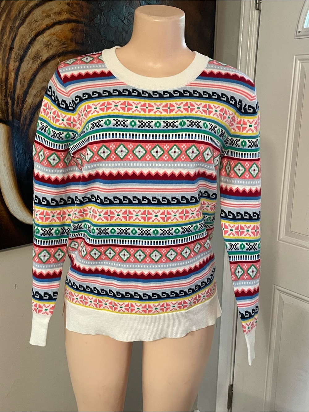 Gap Multicolor Fair Isle print Sweater  pullover Cream Trim cotton size XS